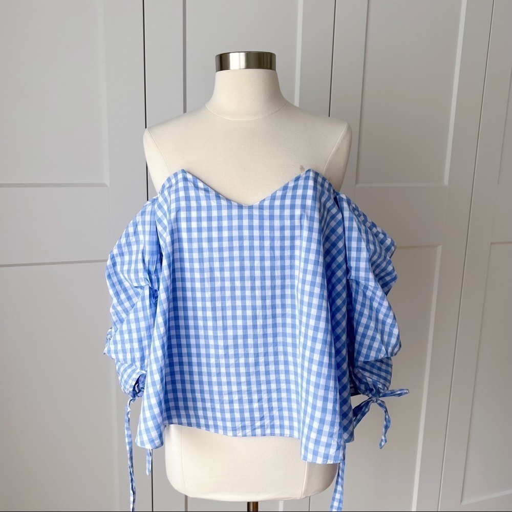 DO+BE Strapless Blue Gingham Long Sleeve Top Sz. S